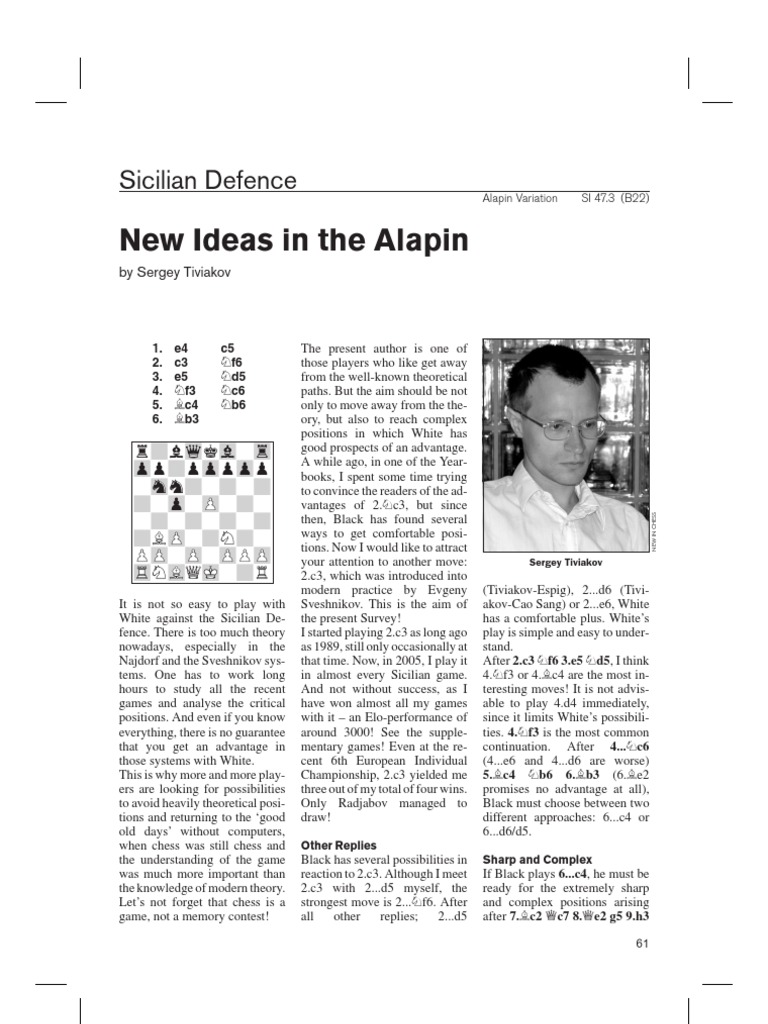 Sicilian Defense with 2. c3 Alapin Variation - Sergei Tiviakov