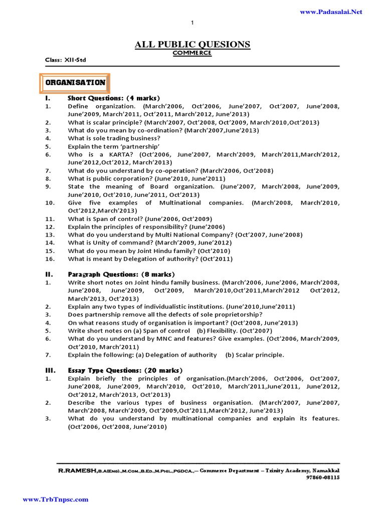 12th Commerce Important Questions Guide | PDF | Partnership | Cooperative