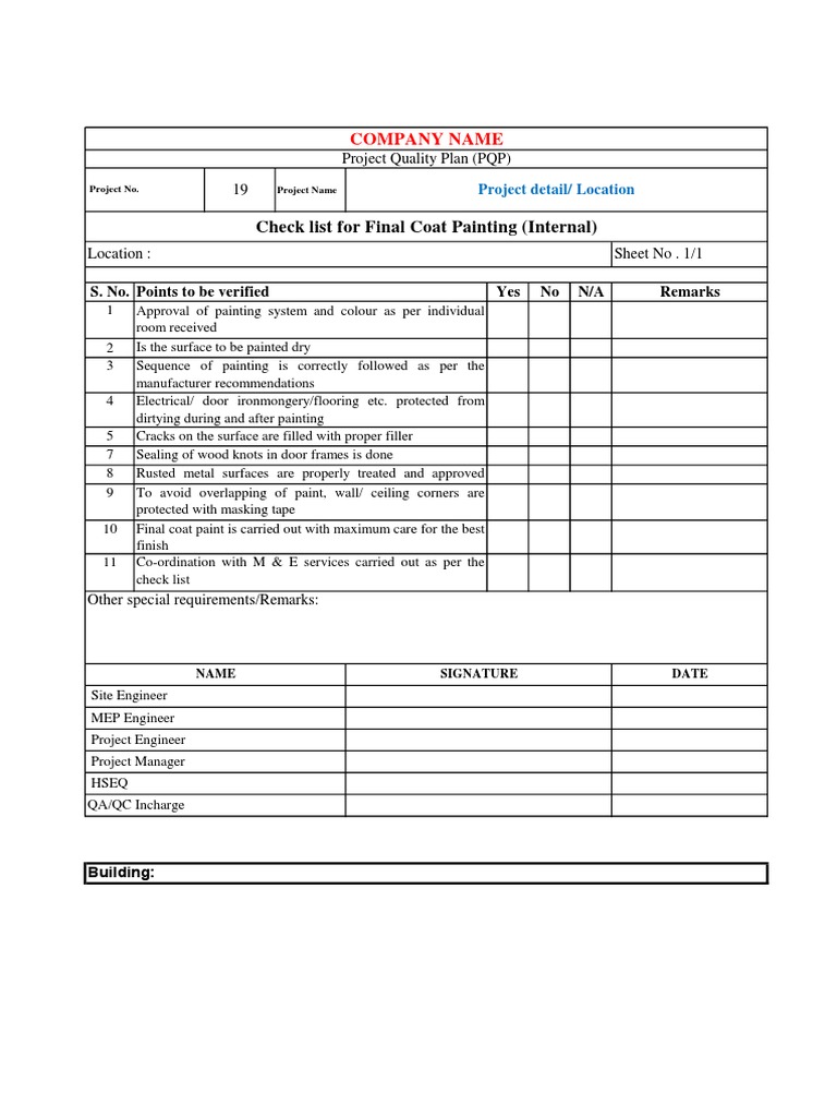 Check List For Final Coat Painting (Internal) : Company Name | PDF