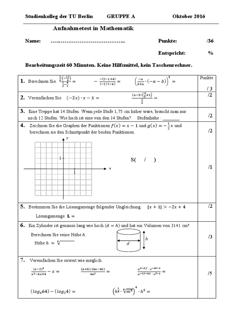 Aufnahmetest Mathematik 1 Mit Lösungen | PDF