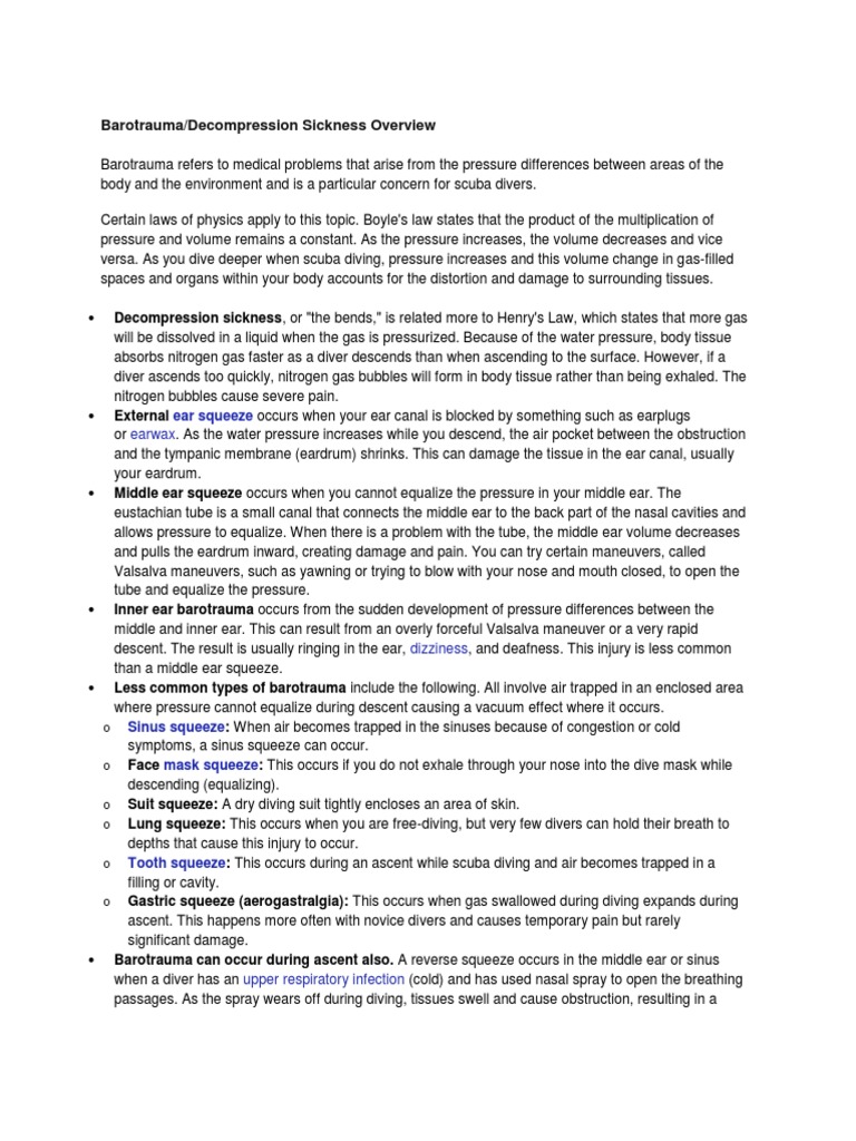 Barotrauma and Sickness PDF Scuba Diving Underwater