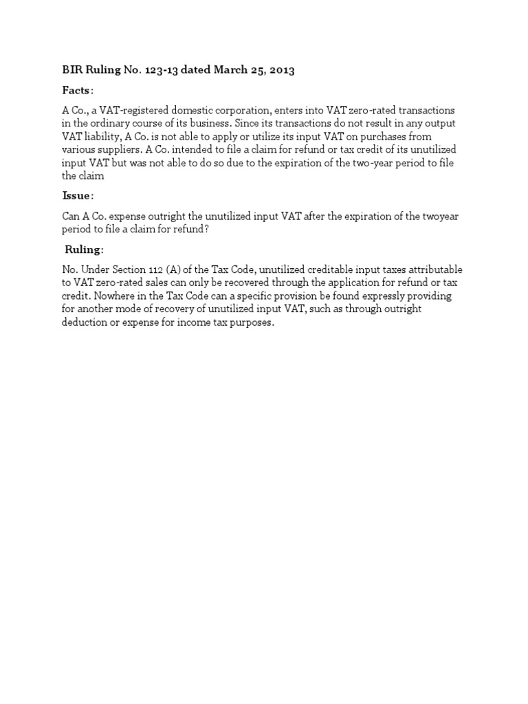 BIR Ruling on Unutilized Input VAT | PDF