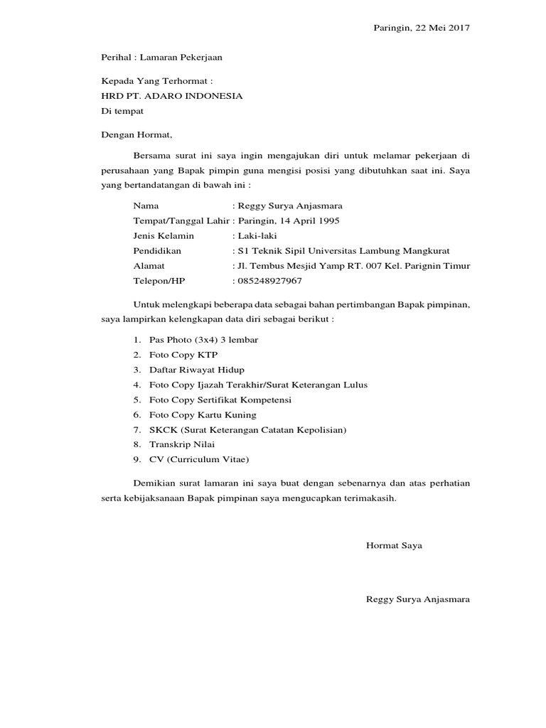 Contoh Surat Lamaran Kerja Di Perusahaan Tambang Batubara