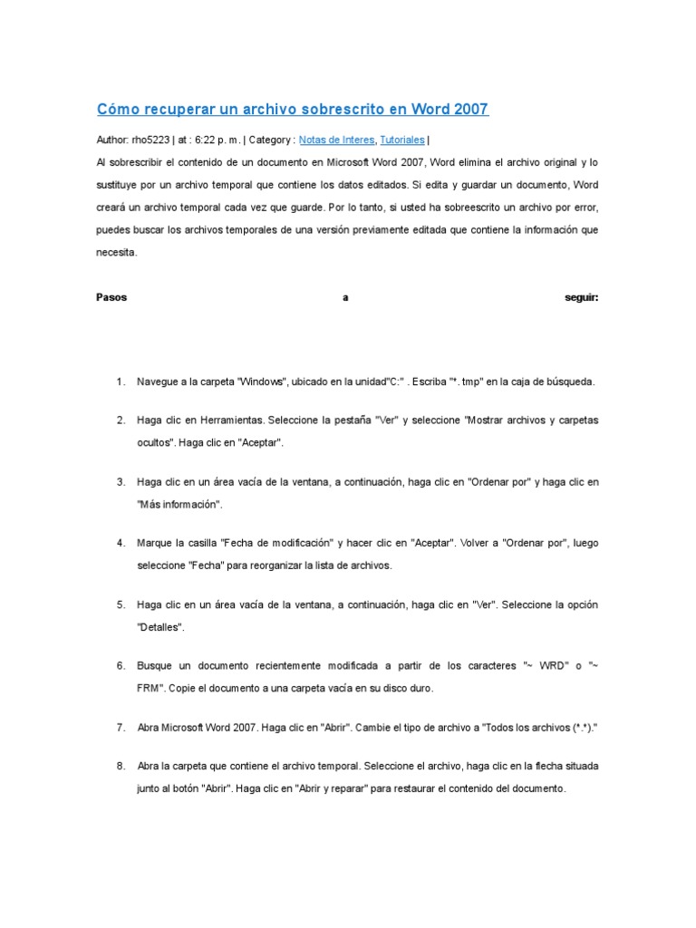 Como Recuperar Un Archivo Word Sobreescrito