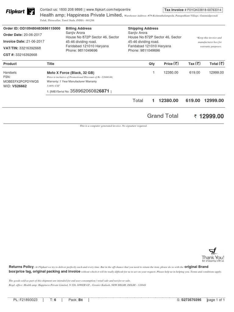 Invoice for Moto X Force Purchase | PDF | Invoice | Economies