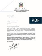 Carta de Felicitación Del Presidente Danilo Medina A Carmen Isabel Muñoz Guzmán, Ganadora Del Concurso Miss República Dominicana Universo 2017