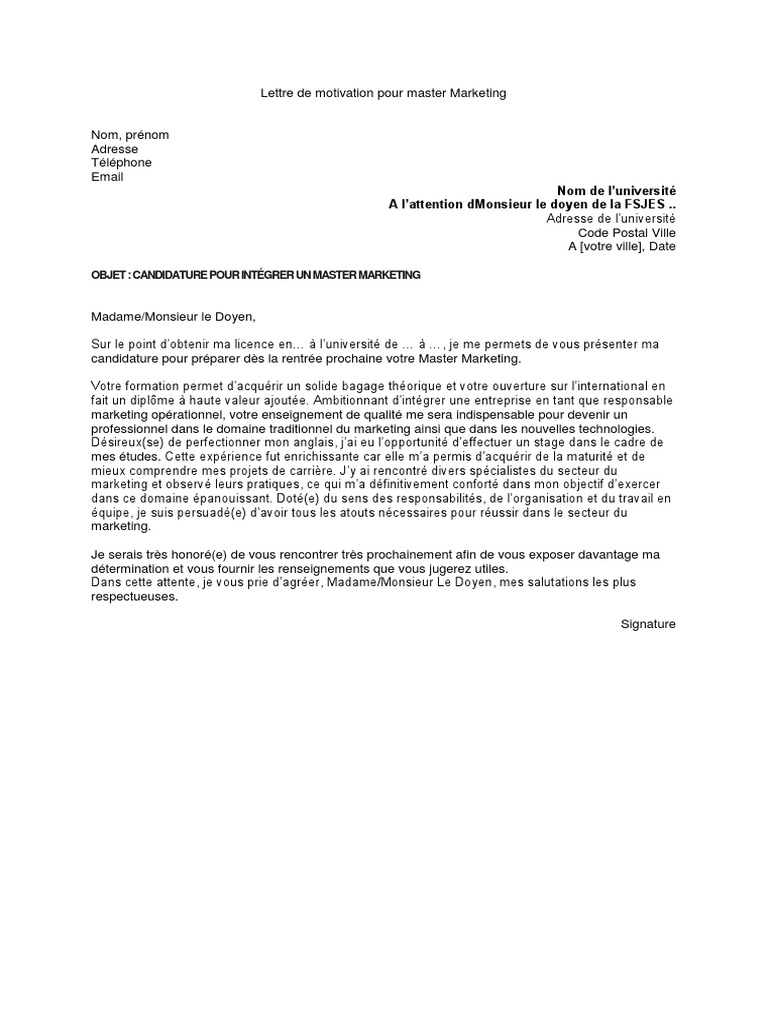 Lettre de Motivation Marketing