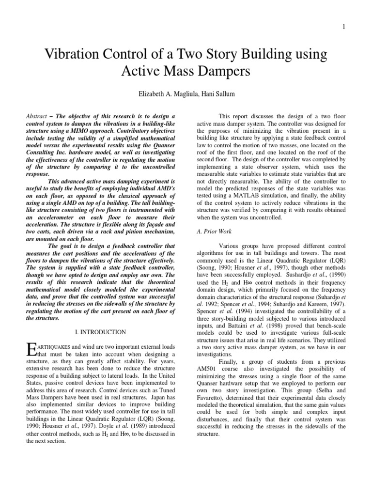 Active Mass Damping in Two-Story Structures | PDF | Control Theory ...