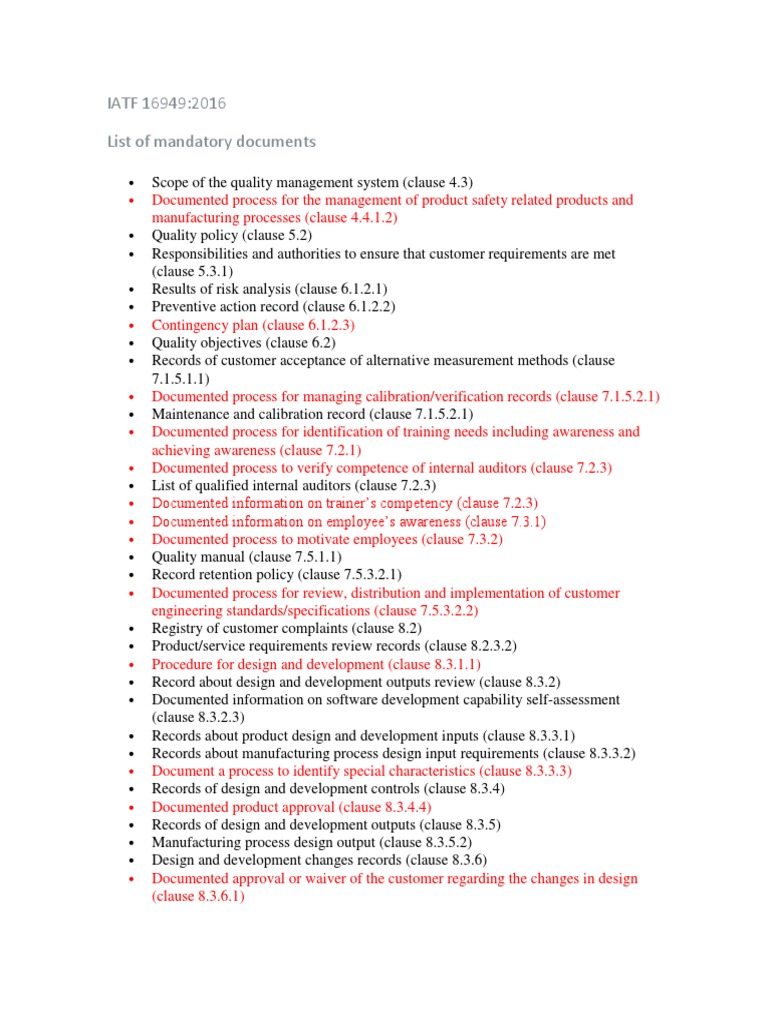 IATF 16949 List Of Mandatory Documents PDF Software Development 
