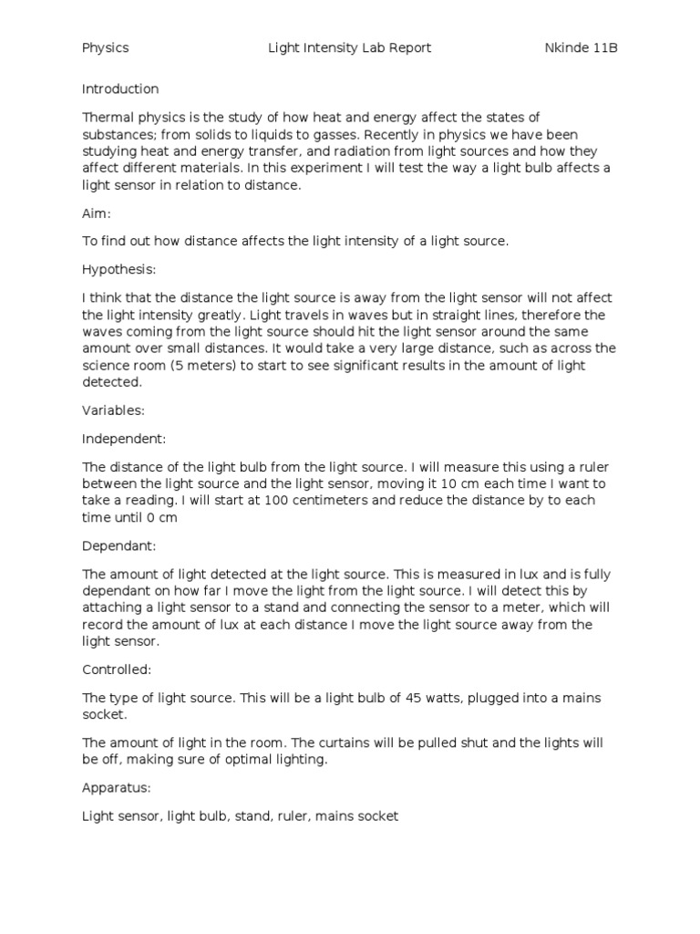 Light Intensity Lab PDF Light Heat