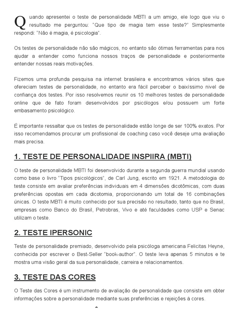 10 Testes de Personalidade Confiáveis | PDF | Eneagrama de ...