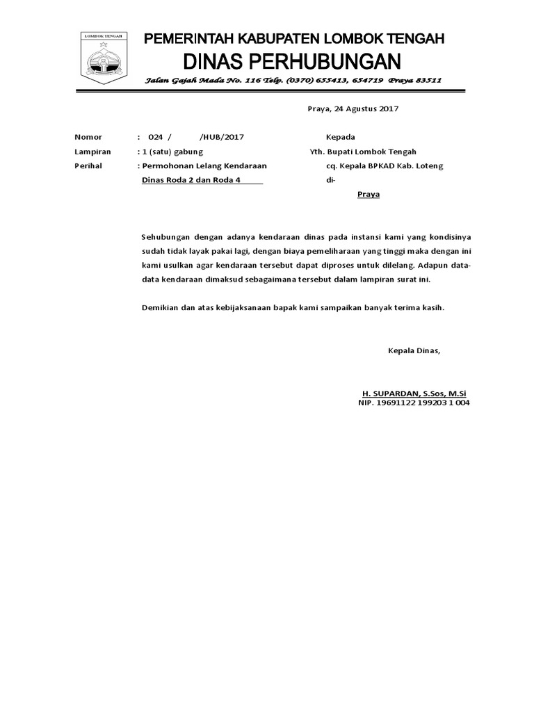 Contoh Surat Lelang Mobil