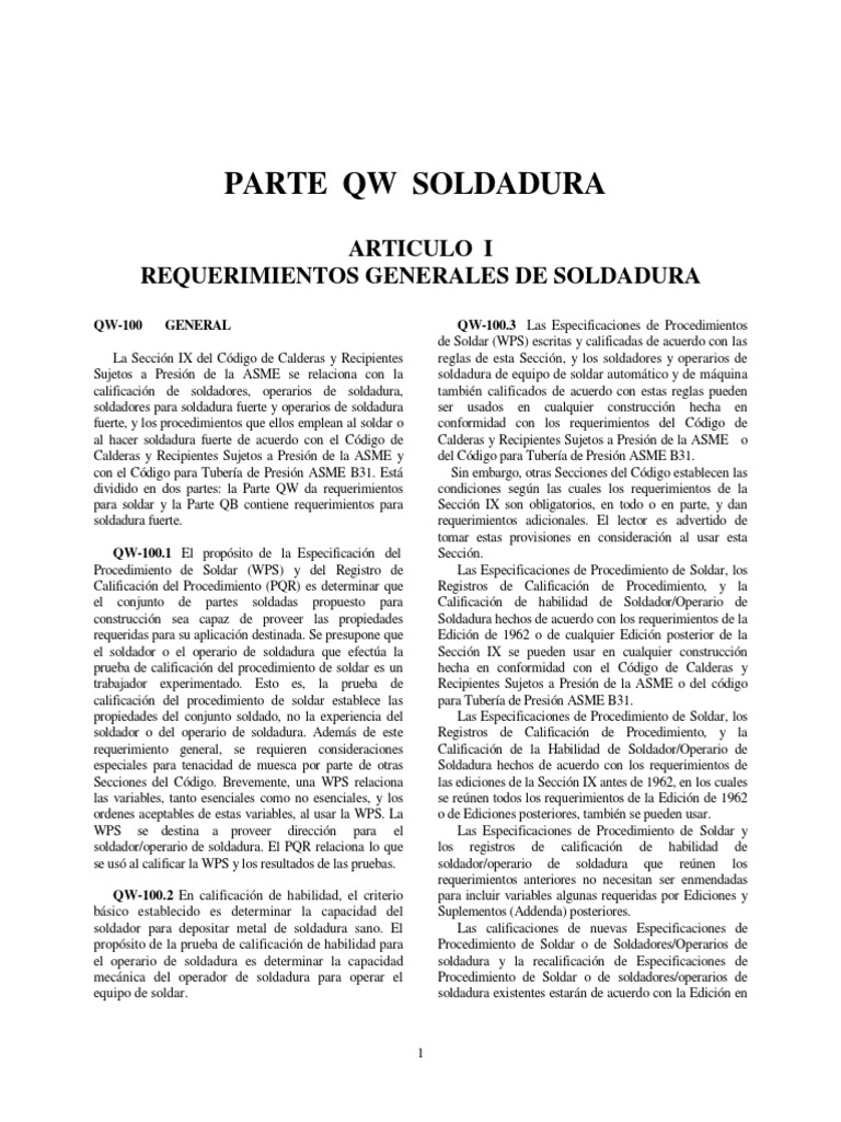 Norma ASME Seccion 9 Artículo 1 PDF Soldadura Construcción
