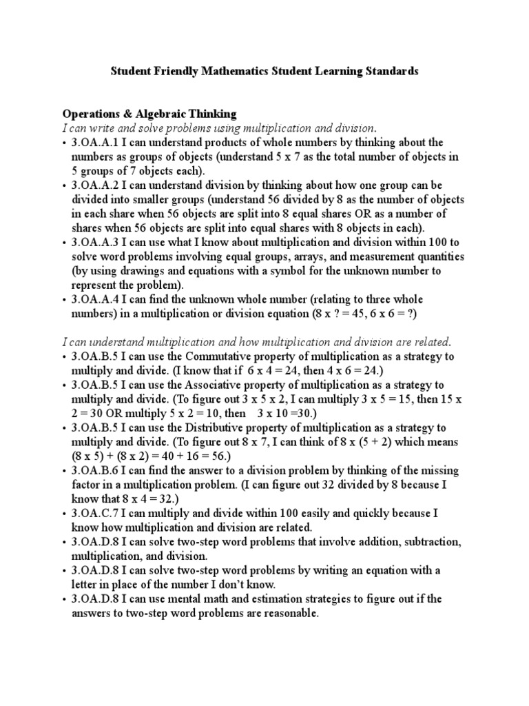 Student-Friendly Math Learning Standards | PDF | Multiplication ...