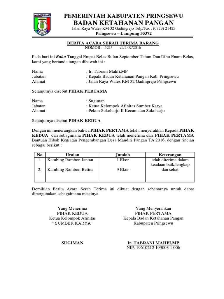 Contoh Berita Acara Serah Terima Barang Hibah