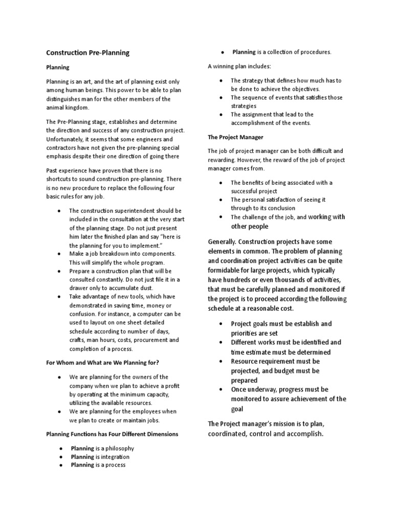 Construction PrePlanning Planning Planning Is A Collection of
