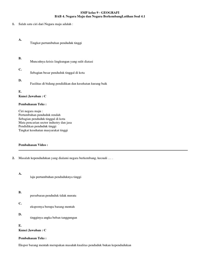 Latihan Soal Smp Kelas 9 Geografi Bab 4 Negara Maju Dan Negara Berkembang Latihan Soal 4 1