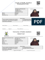 University of Sindh, Jamshoro Examination Form: Regular