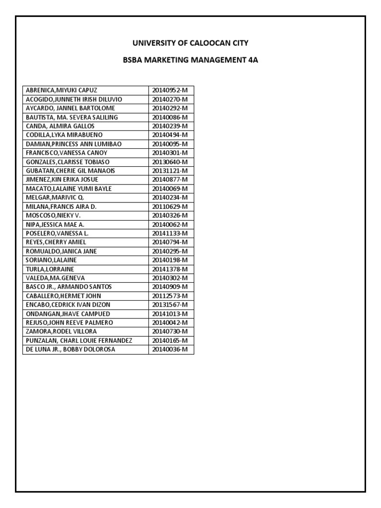 University of Caloocan City Bsba Marketing Management 4A PDF