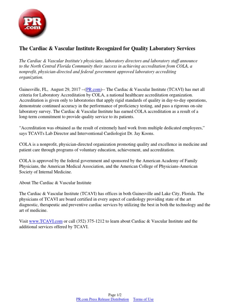 TCAVI Achieves COLA Accreditation | PDF | Physician | Medicine