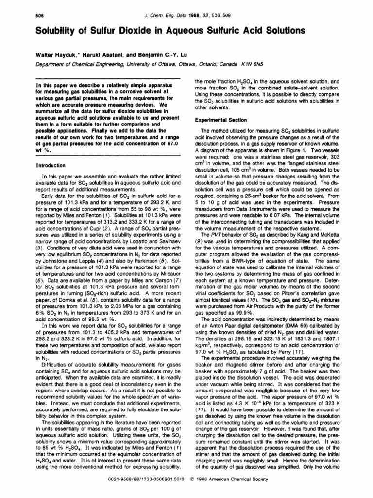 Solubility of Sulfur Dioxide in Aqueous Sulfuric Acid Solutions | PDF ...