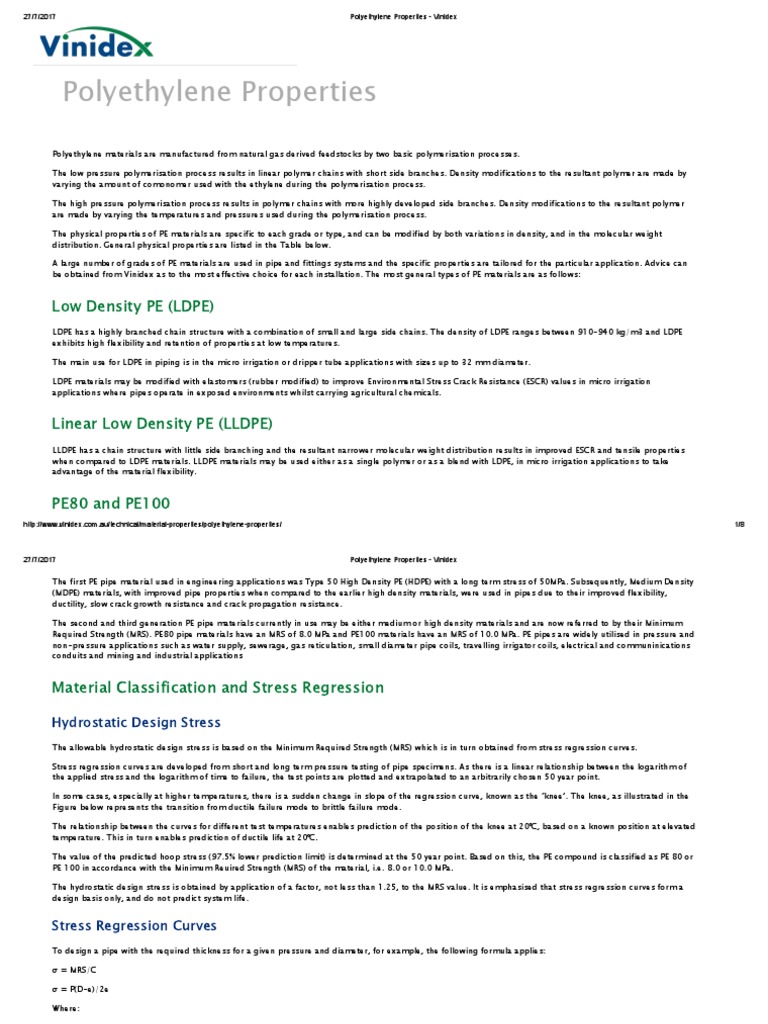 Polyethylene Properties Vinidex PDF Polyethylene Wear