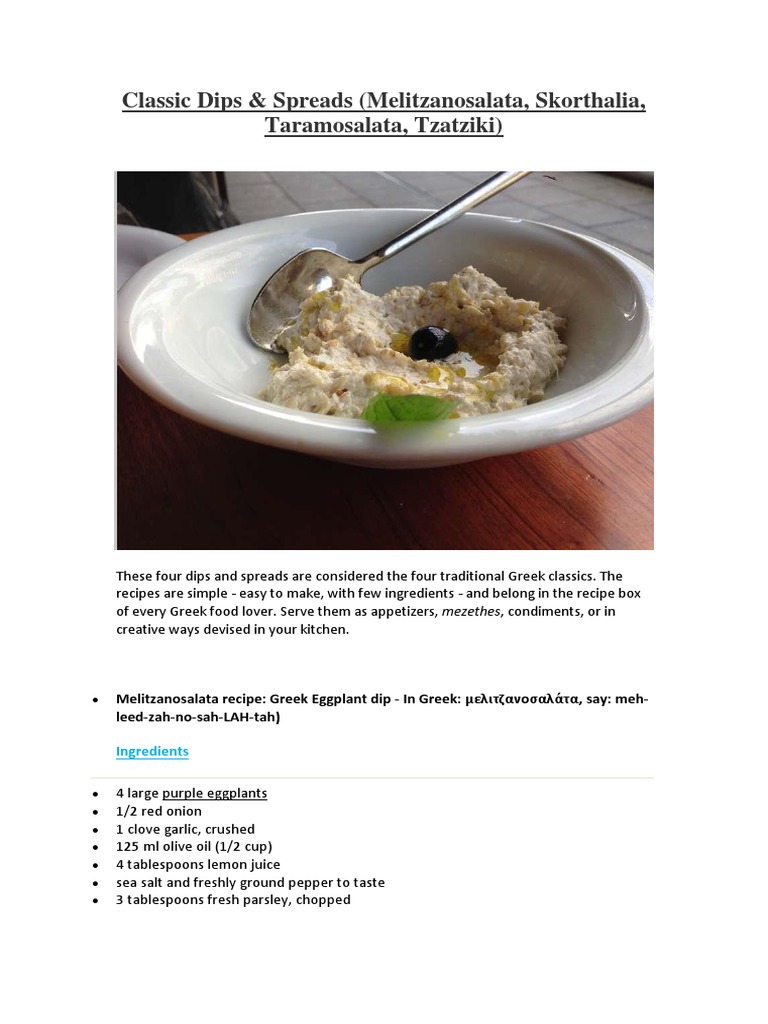 Classic Dips Spreads Melitzanosalata Skorthalia Taramosalata Tzatziki European Cuisine Regional Ethnic Food