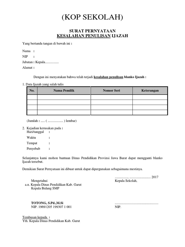 Surat Pernyataan Kesalahan Penulisan Ijazah Smp