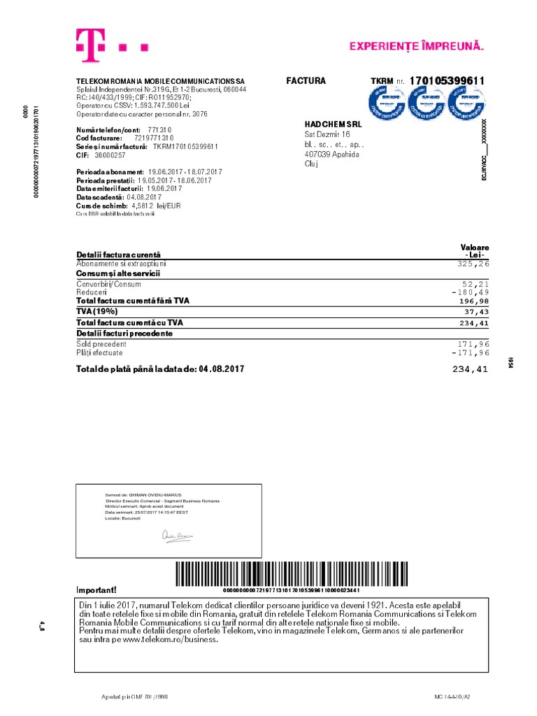 Factura: Telekom Romania Mobile Communications Sa | PDF