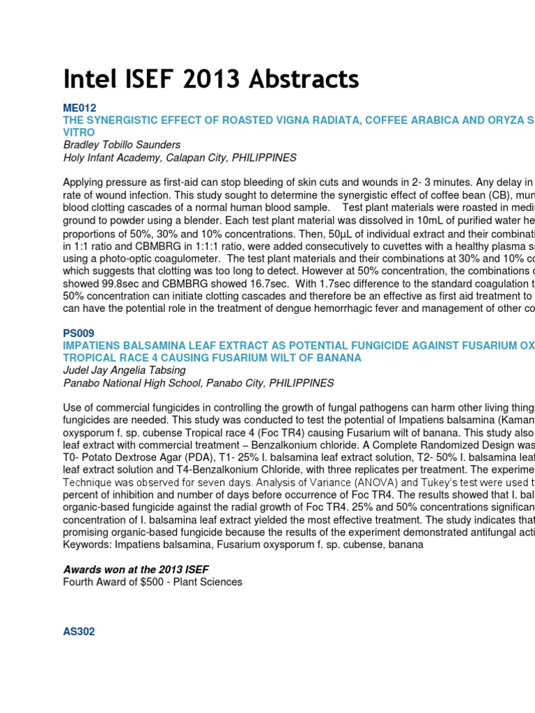 Intel isef 2013 abstracts bradley tobillo saunders holy infant academy