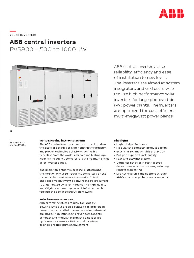 ABB Central Inverters: PVS800 - 500 To 1000 KW | PDF | Power Inverter ...