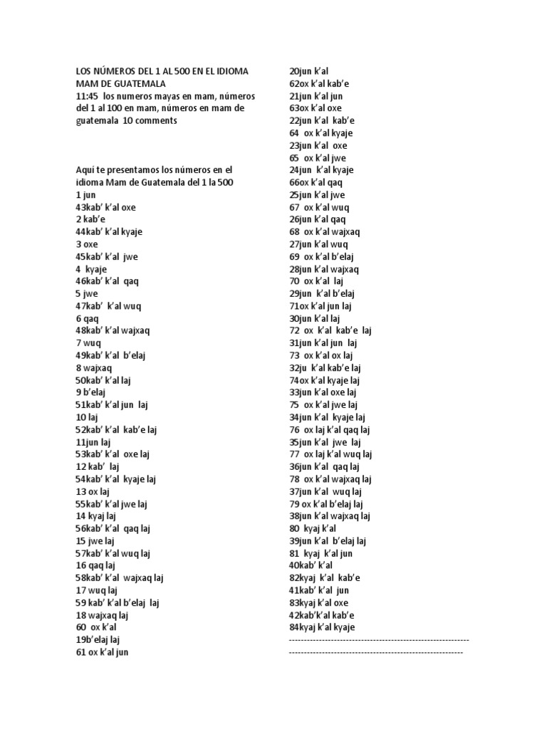 Números del 1 al 500 en Mam | PDF | Pueblos indígenas de América ...