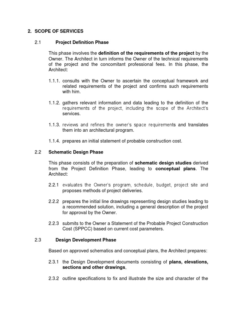 Scope of Services Project Definition Phase PDF Architect General