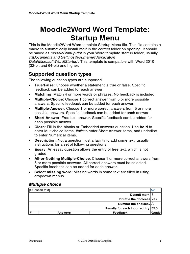 Moodle2Word Word Template: Startup Menu: Supported Question Types | PDF ...