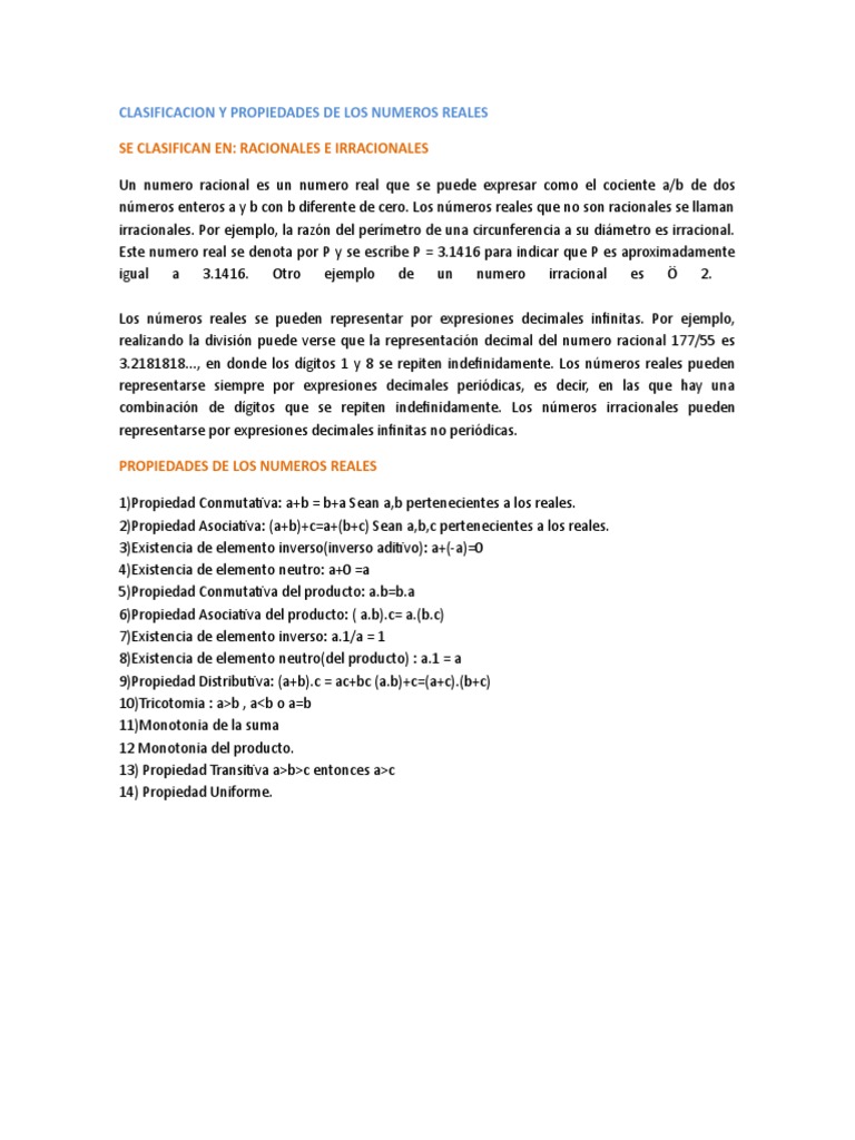 CLASIFICACION Y PROPIEDADES DE LOS NUMEROS REALES