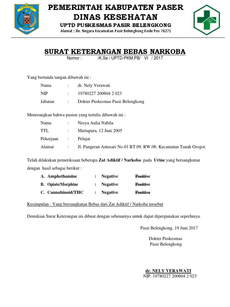 Contoh Surat Keterangan Bebas Narkoba