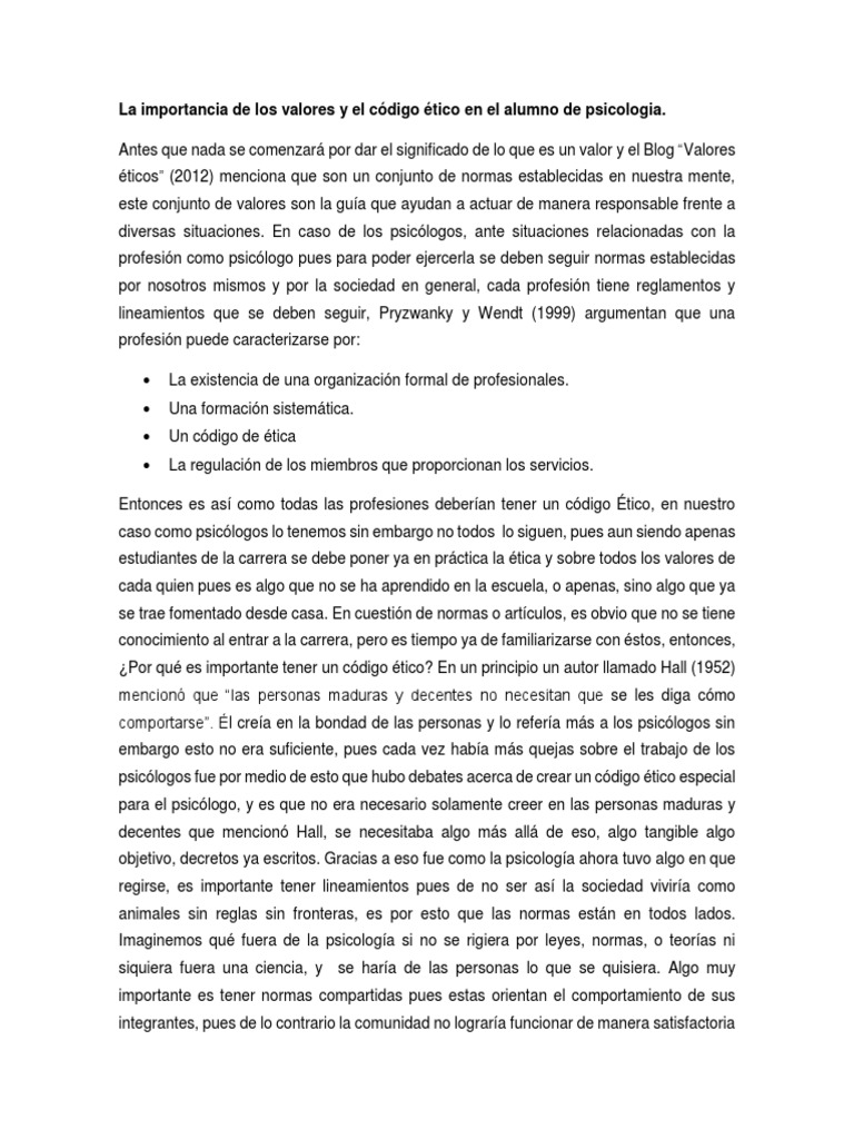 Ensayo La Importancia de Los Valores y El Código Ético en
