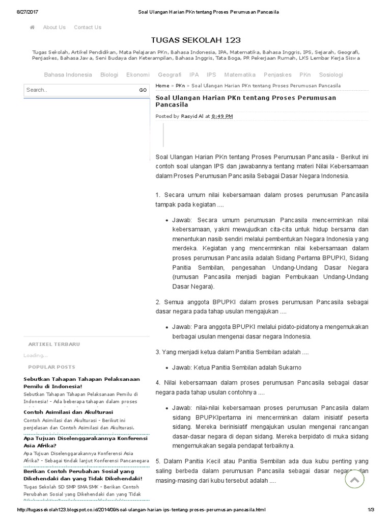 Soal Ulangan Harian PKn Tentang Proses Perumusan Pancasila Soal Ulangan Harian PKn Tentang Proses Perumusan Pancasila