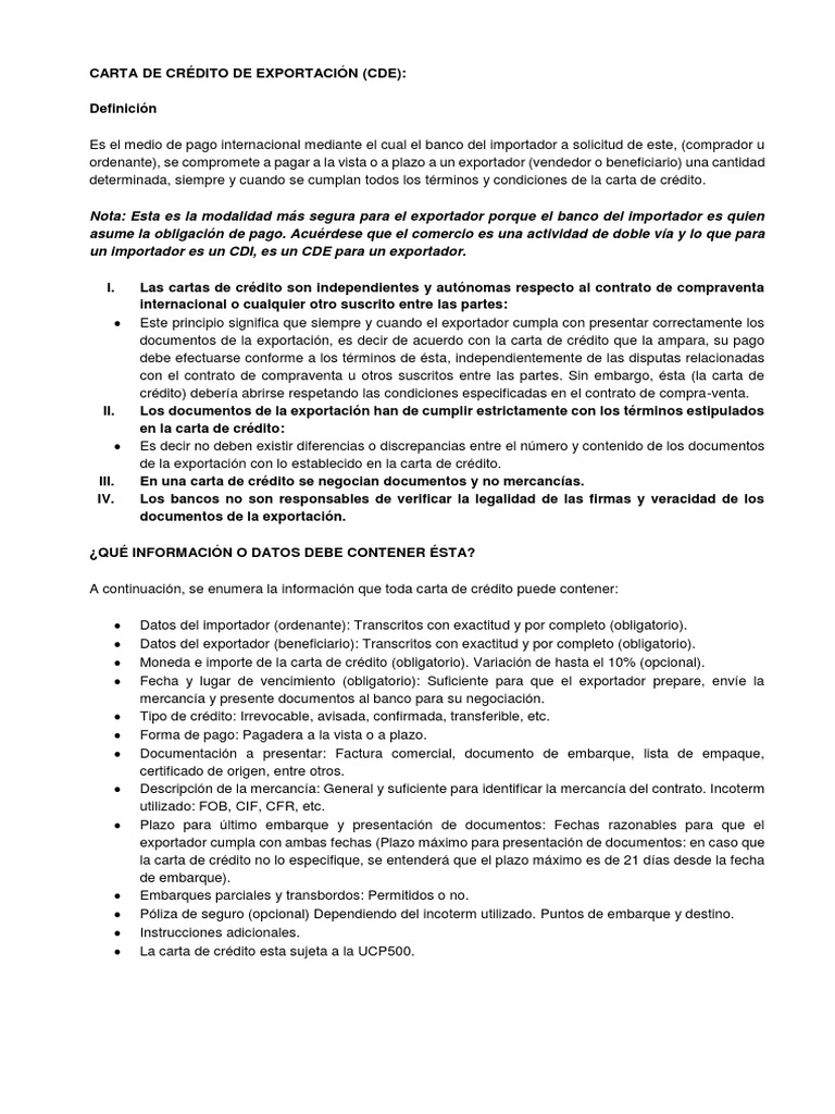 Carta de Crédito de Exportación  Carta de crédito  Comercio