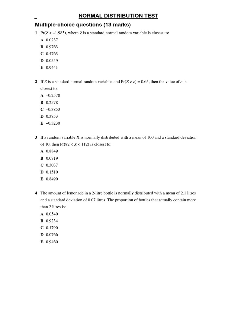 Normal Distribution Test MultipleChoice Questions (13 Marks) PDF Normal Distribution