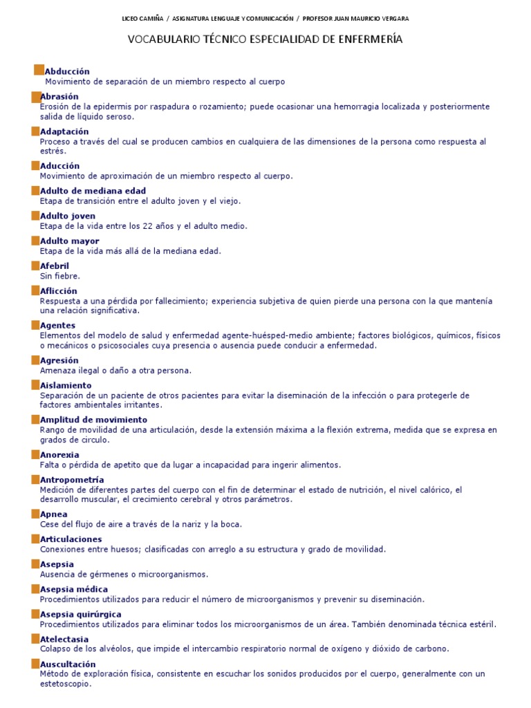 Glosario Técnico de Enfermería PDF Respiración Sistema respiratorio