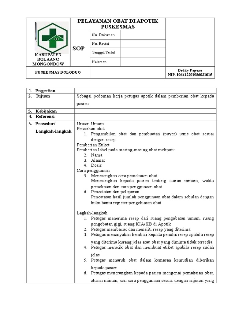 Sop Pelayanan Obat Di Apotik Puskesmas PDF
