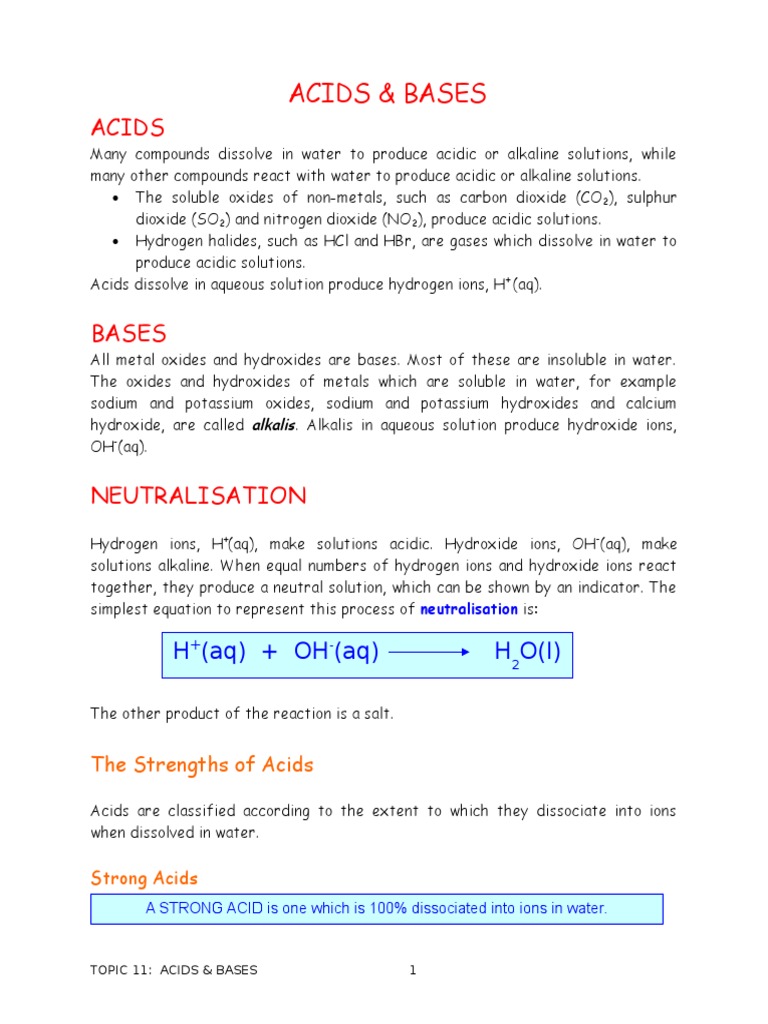 Acids and Bases Notes PDF Hydroxide Acid