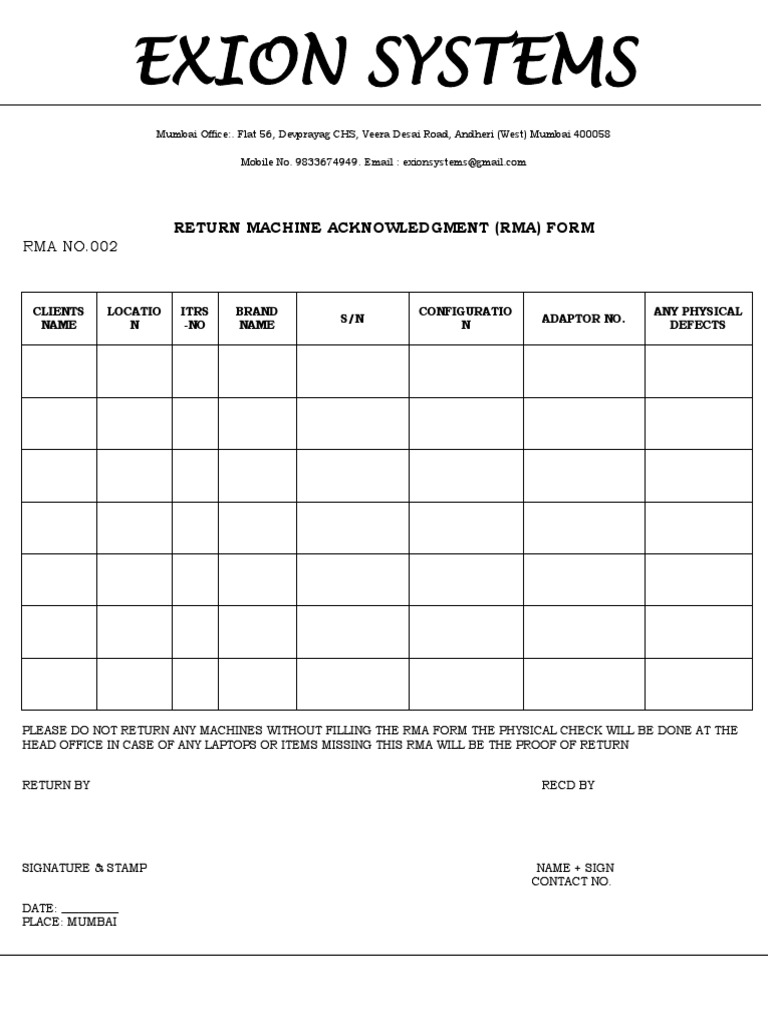 Exion Systems RMA Form Template | PDF