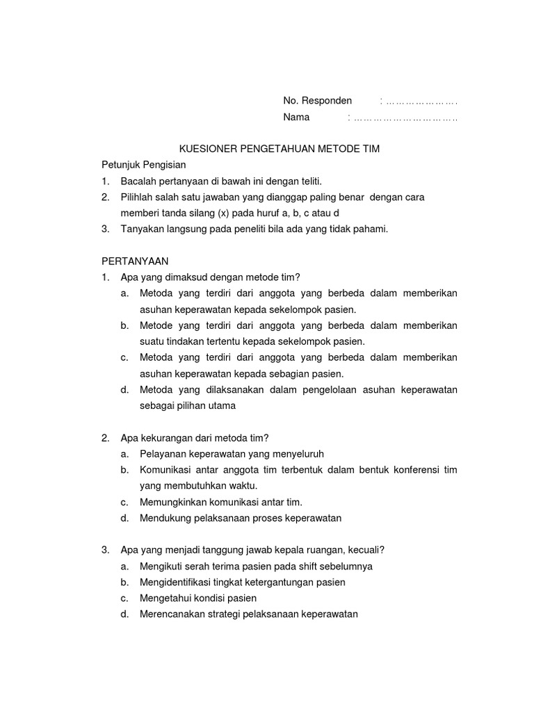 Kuesioner Metode Tim Keperawatan | PDF | Karier & Perkembangan ...