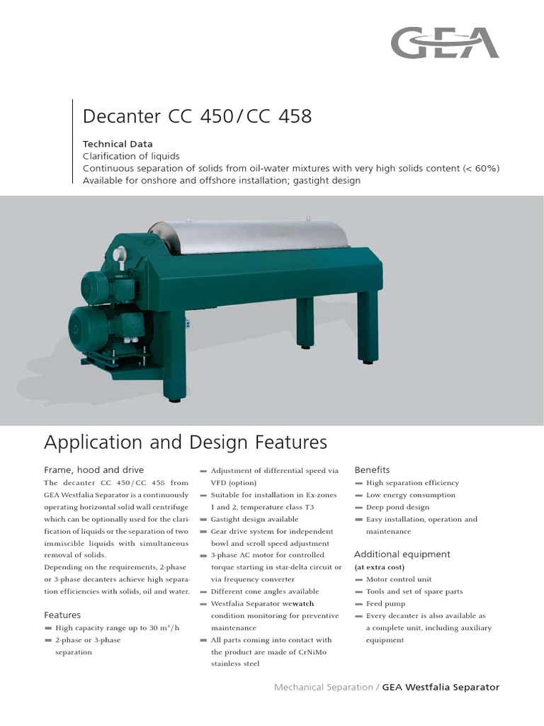 GEA Westfalia CC 450/458 Decanter Overview | PDF | Solid | Liquids