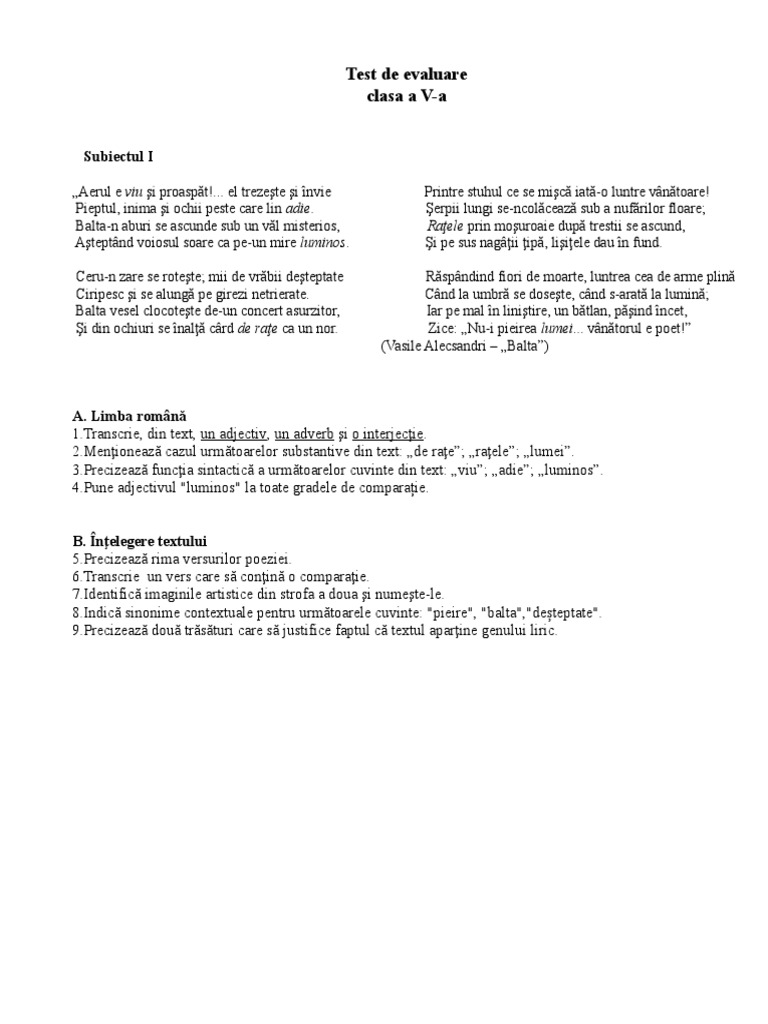 Test Clasa A V-A | PDF