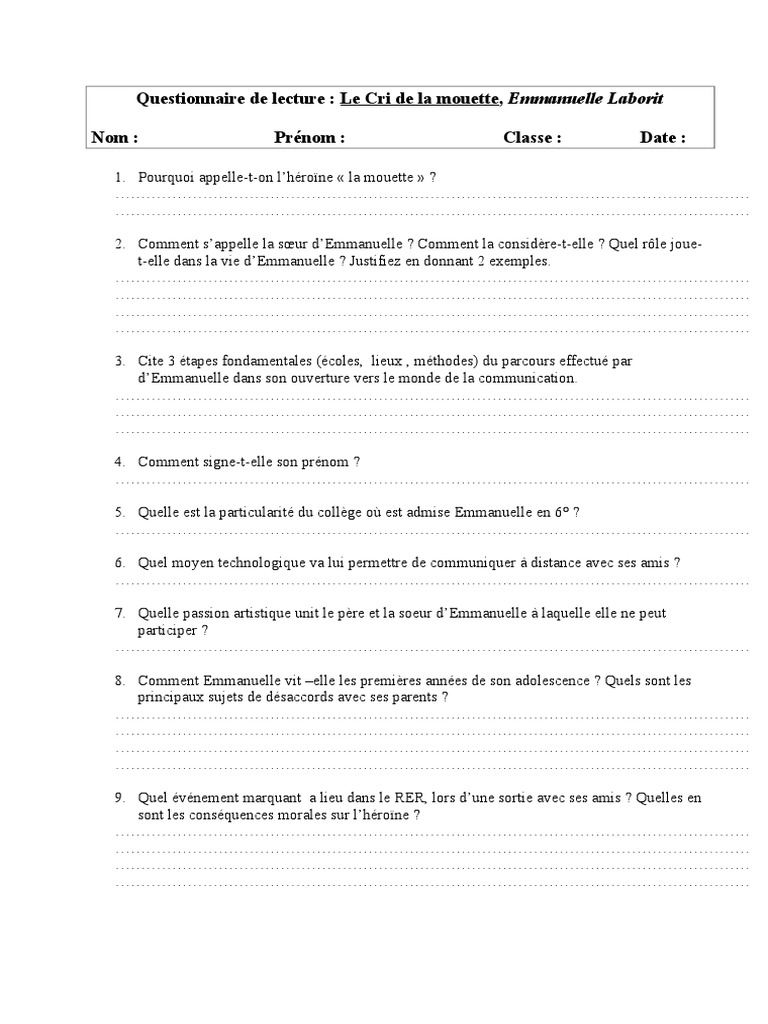 Le Cri De La Mouette Pdf 11-10-07questionnaire de Lecture Le Cri de La Mouette Emmanuelle Laborit-2  | PDF