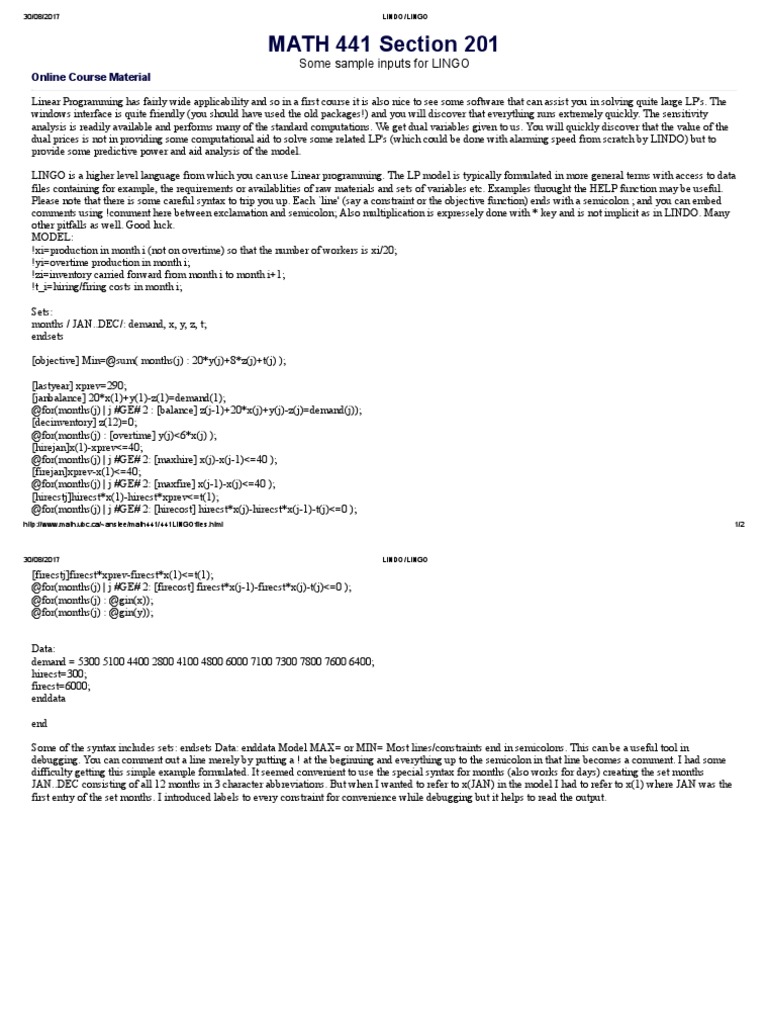 Some Sample Inputs For LINGO PDF Linear Programming Software