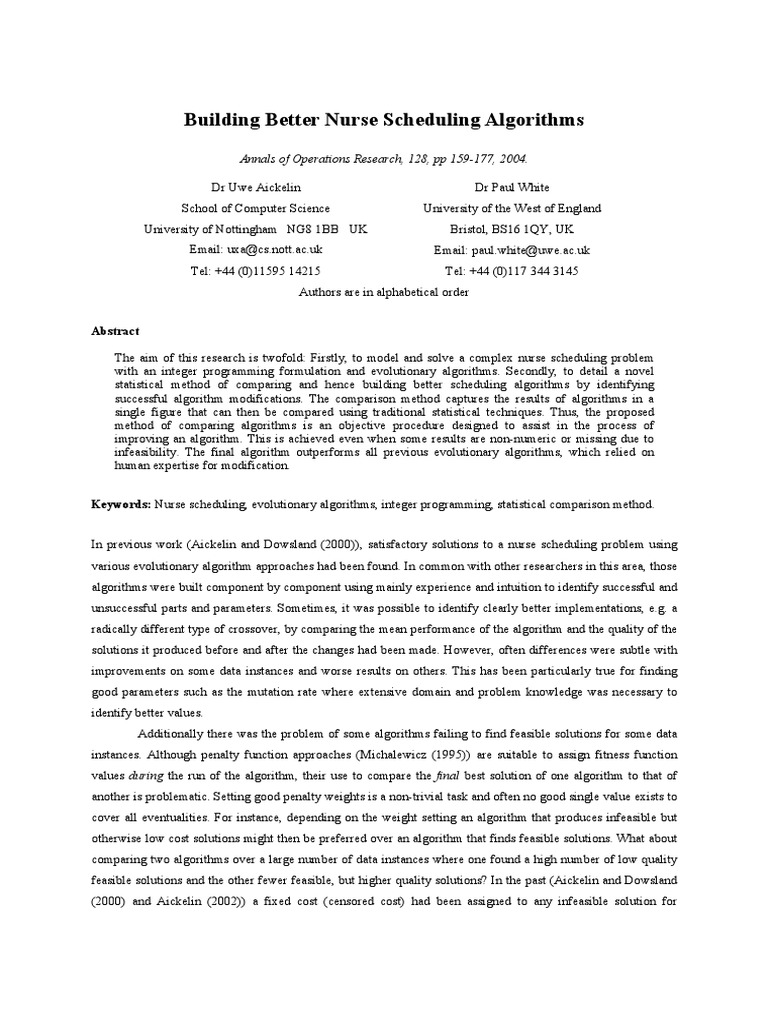 Enhancing Nurse Scheduling Algorithms | PDF | Visual Cortex | Genetic ...